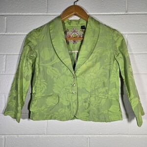 Robert Graham Blazer 6 Green Silk Blend Floral Jacquard Cropped Jacket Twee